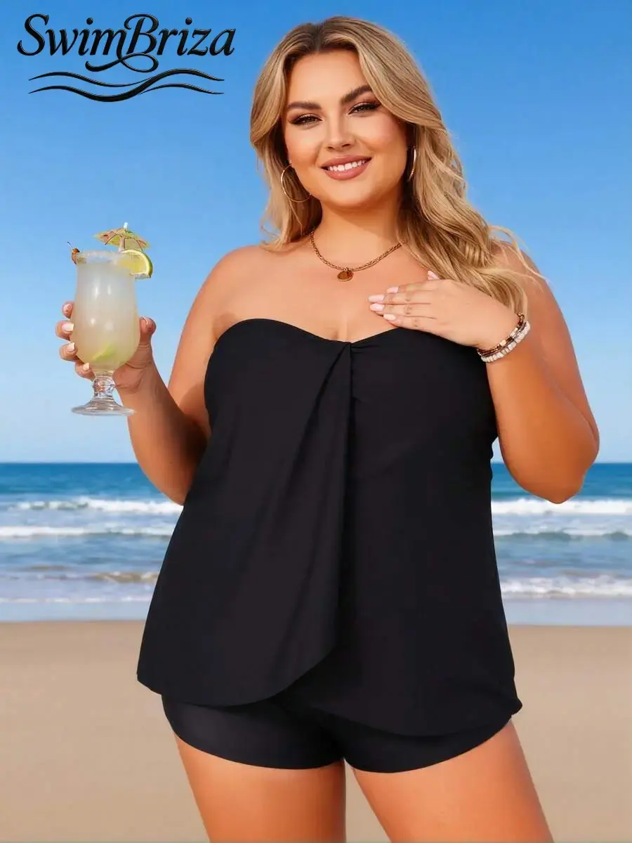 Briza｜Strapless Draped Black Tankini Swimsuits Set As Tankini With Shorts And Swim Shorts Set Women Love, Plus Size Swimwear Plus Sized Bathing Suits, Bathing Suit Women Set And Two-Piece Swimsuit For Women, Vacation Swimwear For Women