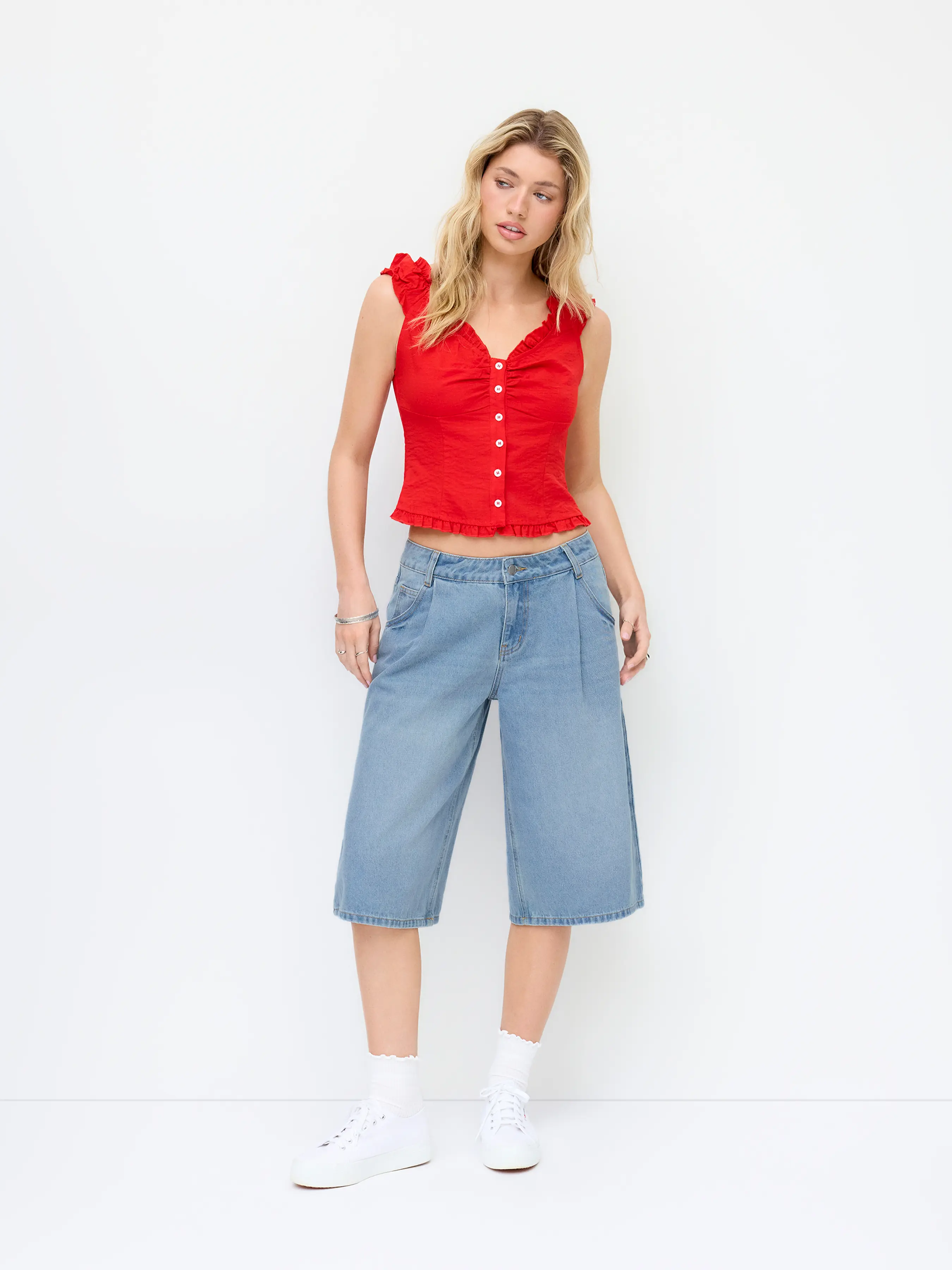 Cider Washed Denim Mid Rise Strawberry Graphic Wide Leg Bermuda Shorts