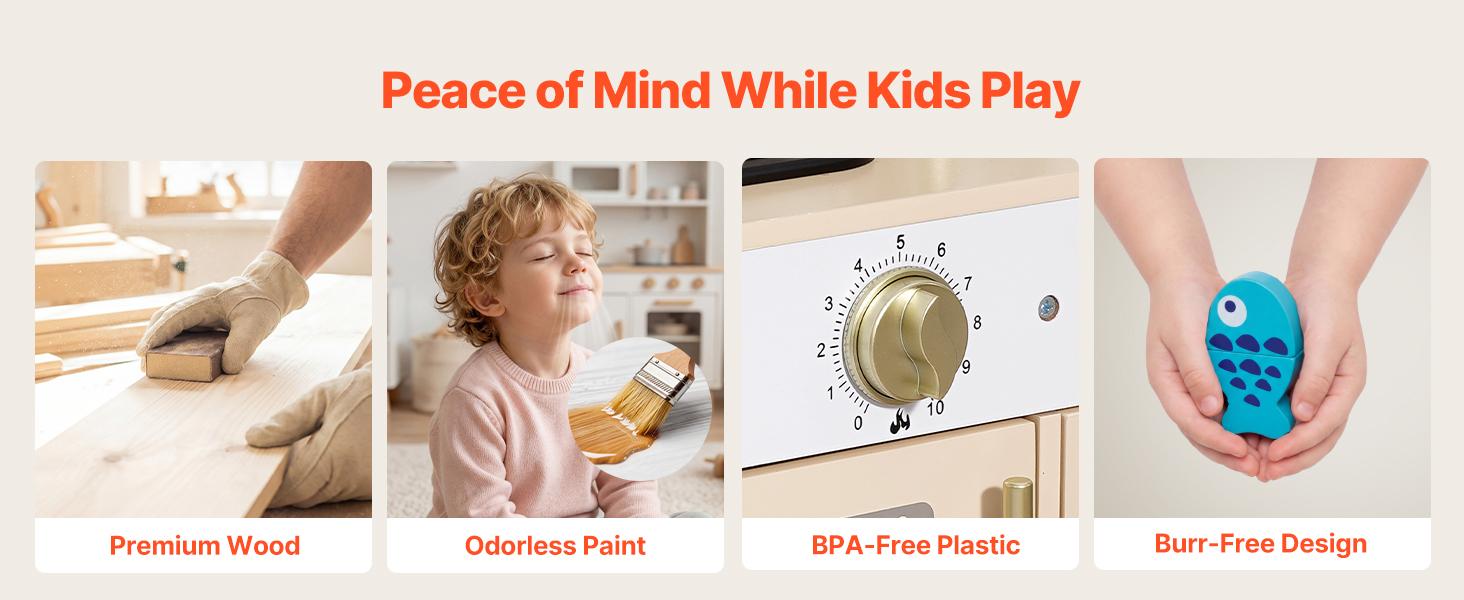 VEVOR Play Kitchen for Kids, Wooden, Kids Kitchen Playset with Realistic Lights & Sounds, Food & Cookware, Modern Style Pretend Play Toy Set, Ice Maker, Microwave, for Toddlers, Girls & Boys Ages 3-8