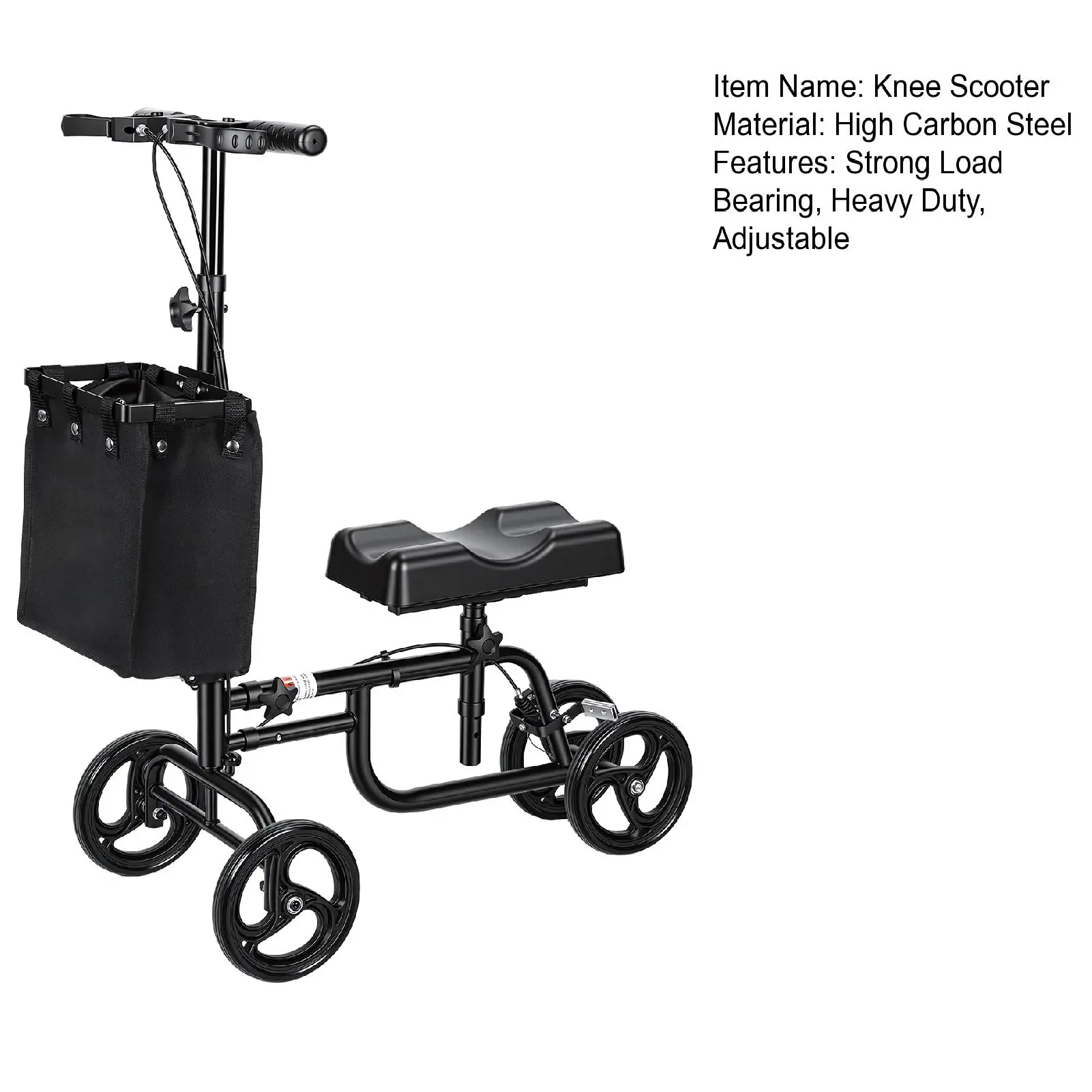 Ergonomic Safety Steerable Knee Scooter for Adults, Rear Wheel Brake-Locking Handbrake, Canvas Bag, Adjustable All-Terrains Leg Scooter, Crutches Alternative for Broken Foot, Ankle Injury