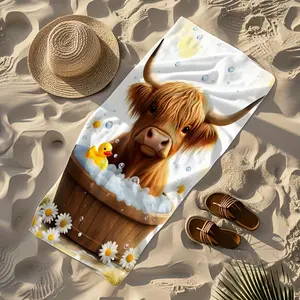 1pc Beach Towel - Highland Cow in Bathtub Print - 30x60inch, Bright Colors, Lightweight Microfiber, Sandproof & Quick-Drying, Perfect for Travel & Beach Fun, Poolside Essential Camping Towel