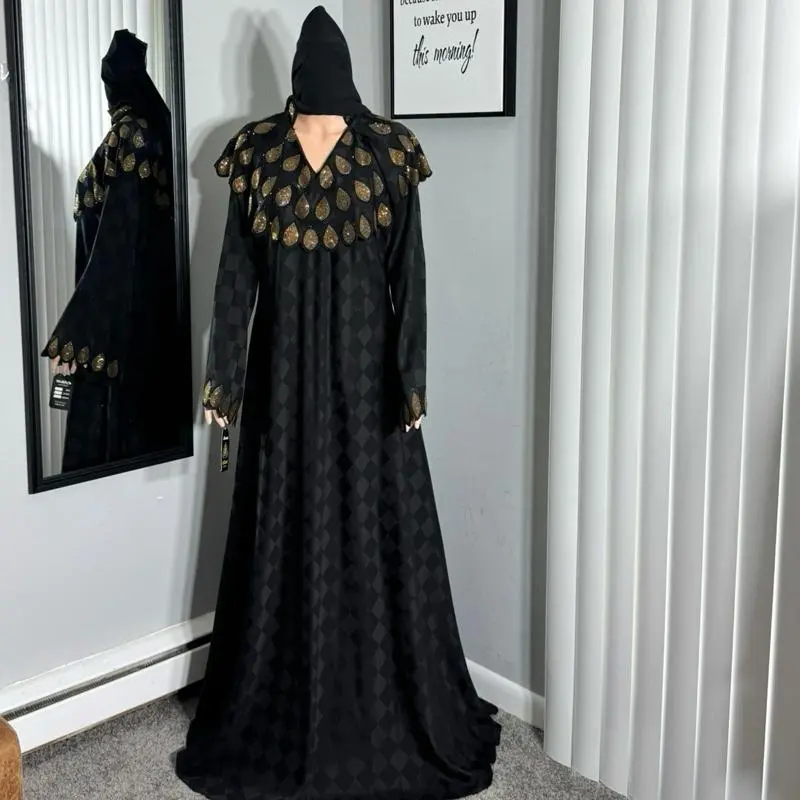Embroidered Abaya with Scarf Black with Gold Leaf Design Long Sleeve V-Neck Elegant Style for Women Islamic Modesty Clothes Elegant Islamic Clothing Embroidery Abaya
