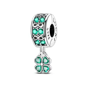 MULA Lucky Infinity Four Leaf Clover Pendant Clip - 925 Silver Plated CZ Bead Stopper, Compatible with Pandora Bracelets, Perfect Gift for Women Girls Birthday St. Patrick's Day
