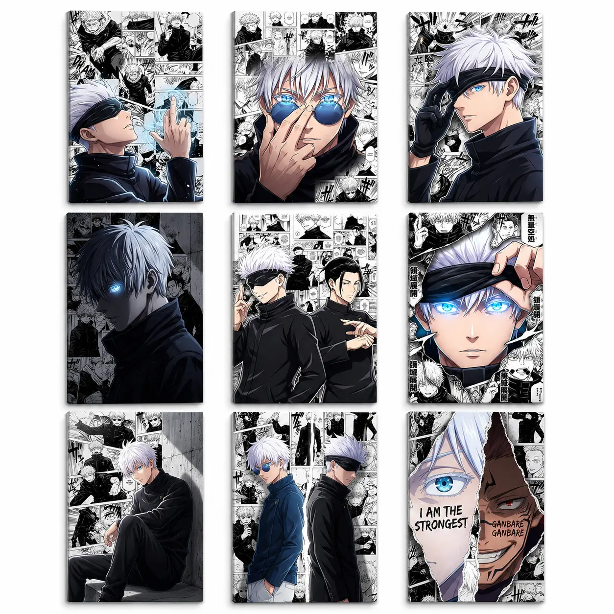 Jujutsu Kaisen Gojo Satoru, Suguru Geto, Ryomen Sukuna and Yuji Itadori Anime Canvas Wall Art, Black and White Manga Collage, Poster for Bedroom, Living Room, Office and Anime Fan Gift