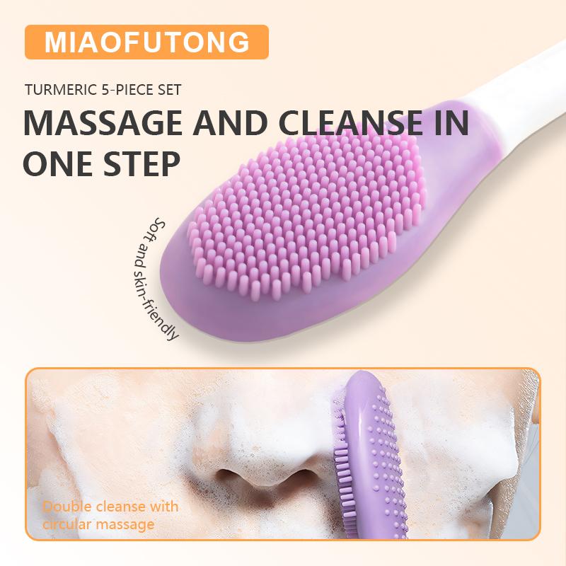 Turmeric 6-Piece Skincare Set with Massage Cleansing Brush – Includes Turmeric Clay Mask, Turmeric Mousse Cleanser, Turmeric Soap, Turmeric Face Cream, and Turmeric Oil. A complete cleansing and skincare kit