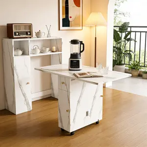 Multifunctional Folding Dining Table with Wall-Mounted Sideboard & Storage for Small Apartments - Space-Saving Foldable Desk & Table, White, 4-in-1 Power Outlet + USB, Silent Wheels, Locking Mechanism, Eco-Friendly, Apartment Essentials