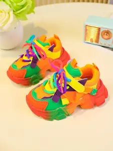 Kids Rainbow Chunky Sneakers, Boys & Girls Soft Sole Non-Slip Hook & Loop Shoes, Trendy Color-Block Casual Sneakers for Toddlers
