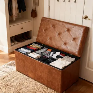 Multi-Functional Ottoman with Storage Bench | Folding Foot Rest Stool, Space-Saving, Load 660 lbs, Upholstered, Classic Style, Hardwood, OLIXIS for Living Room, Bedroom, Office, Dorm Color: Brown Size: 15.2"D x 43"W x 15.2"H