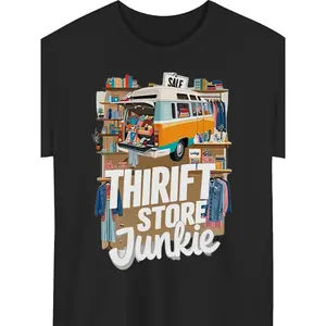 Menswear Short-Sleeve Print T-Shirt, Vintage Thrift Store Junkie Graphic with Shopping Cart & Clothing Icons, Casual Round Neck Top for Men, Soft Breathable Fabric for Gym & Outdoor