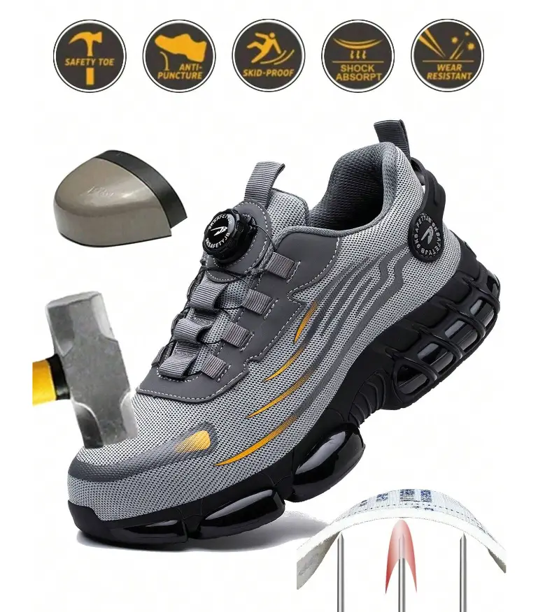 Breathable Safety Work Shoes Men Women, Rotating Button Steel Toe Lightweight Anti-Slip Construction Shoes