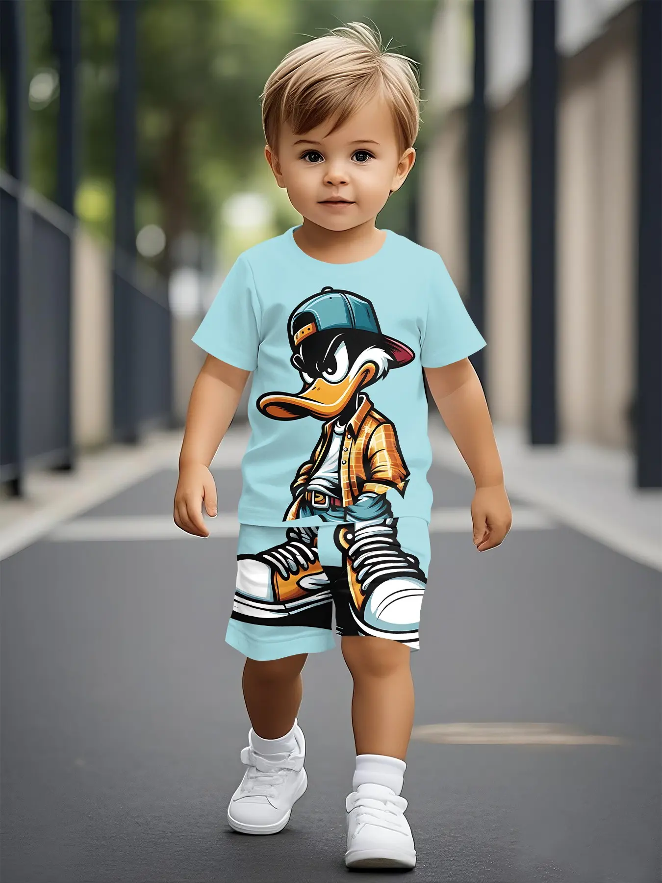 Street Style Duck Print Kids Casual Digital Print Graphic Print Matching Set, Baby Short Sleeve, Perfect Gift for Daily & Outdoor Activities, 100% Polyester, Summer Clothing Set