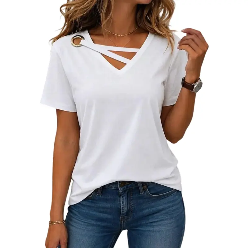 Flamingals Eyelet Strappy V Neck Short Sleeve T-Shirt Womenswear Summer Vibes