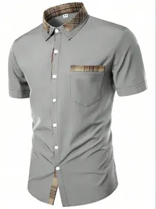 Men's Plaid Patchwork Collared Short Sleeve Shirt, Fitted Casual Style with Button Front, All over Print Design for Summer Fashion, Casual Graphic Shirt