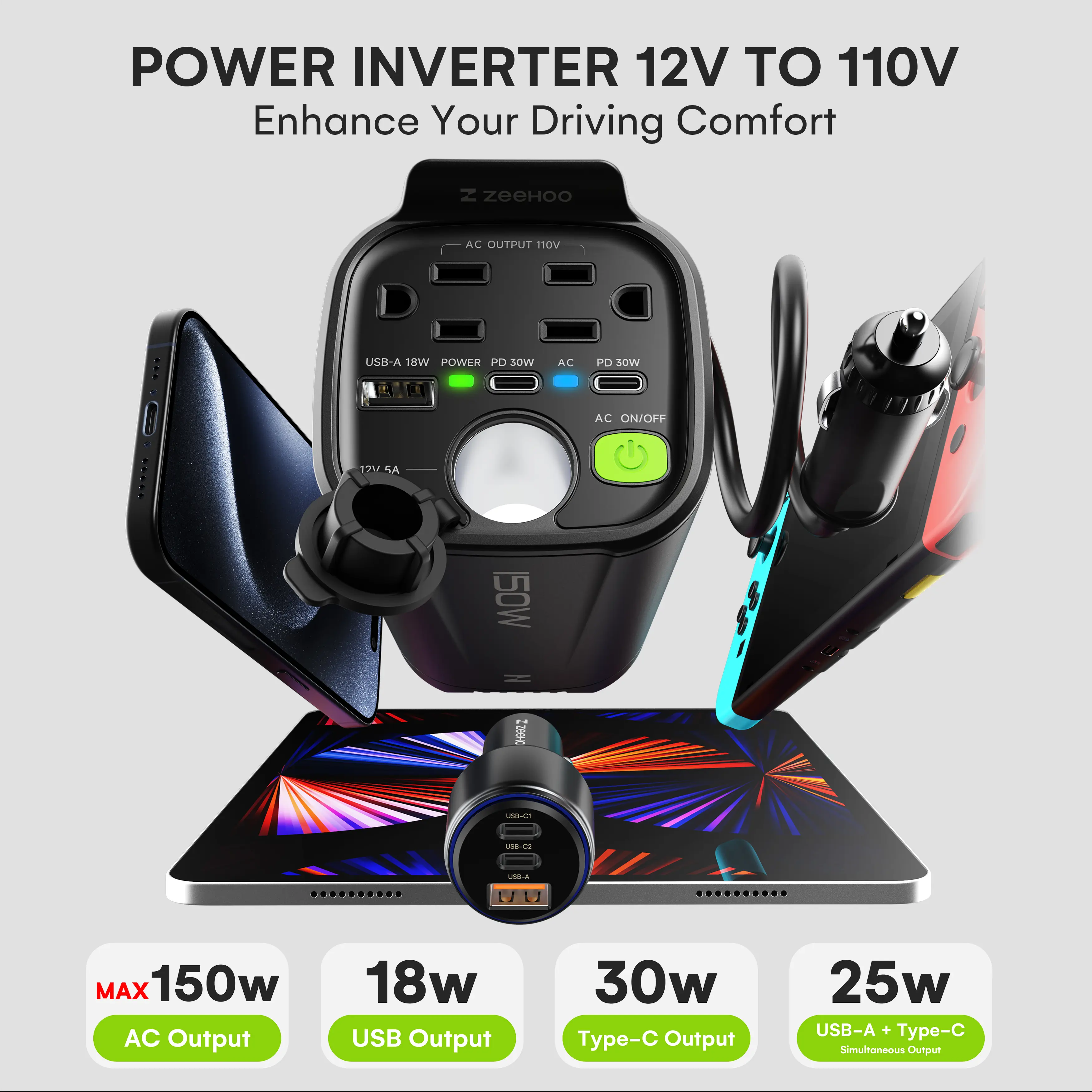 150W Car Power Inverter,12V DC to 110V AC Car Plug Adapter with 2 AC Outlets, 18W USB-A， Dual 30W Fast-Charge PD Car Charger，Cup Holder Power Inverter - Perfect for Charging digital products,Small appliances and outdoor activities& More On the Go，Compact