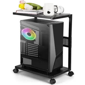 PC Tower Stand 2-Tier CPU Stand with Locking Caster Wheels for Office &  - Iron-Black