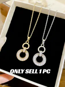 Elegant Dual Ring Diamond Pendant High End Necklace for Women, 18k Gold Plated Titanium Steel, Sparkling Zircon Chain, Perfect Gift Jewelry