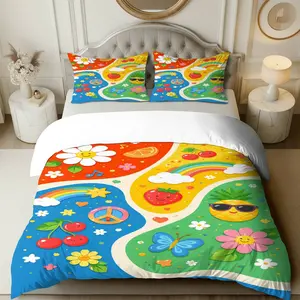 3PCS Duvet Cover Set, 1 Duvet+2 Pillowcases(Without filler), Colorful Summer Floral Fruit Rainbow Nature theme, Summer bedding set, Bright Vibrant Fun Decorative Suitable for decoration Bedroom, Dorm, Apartment, Guest Room.
