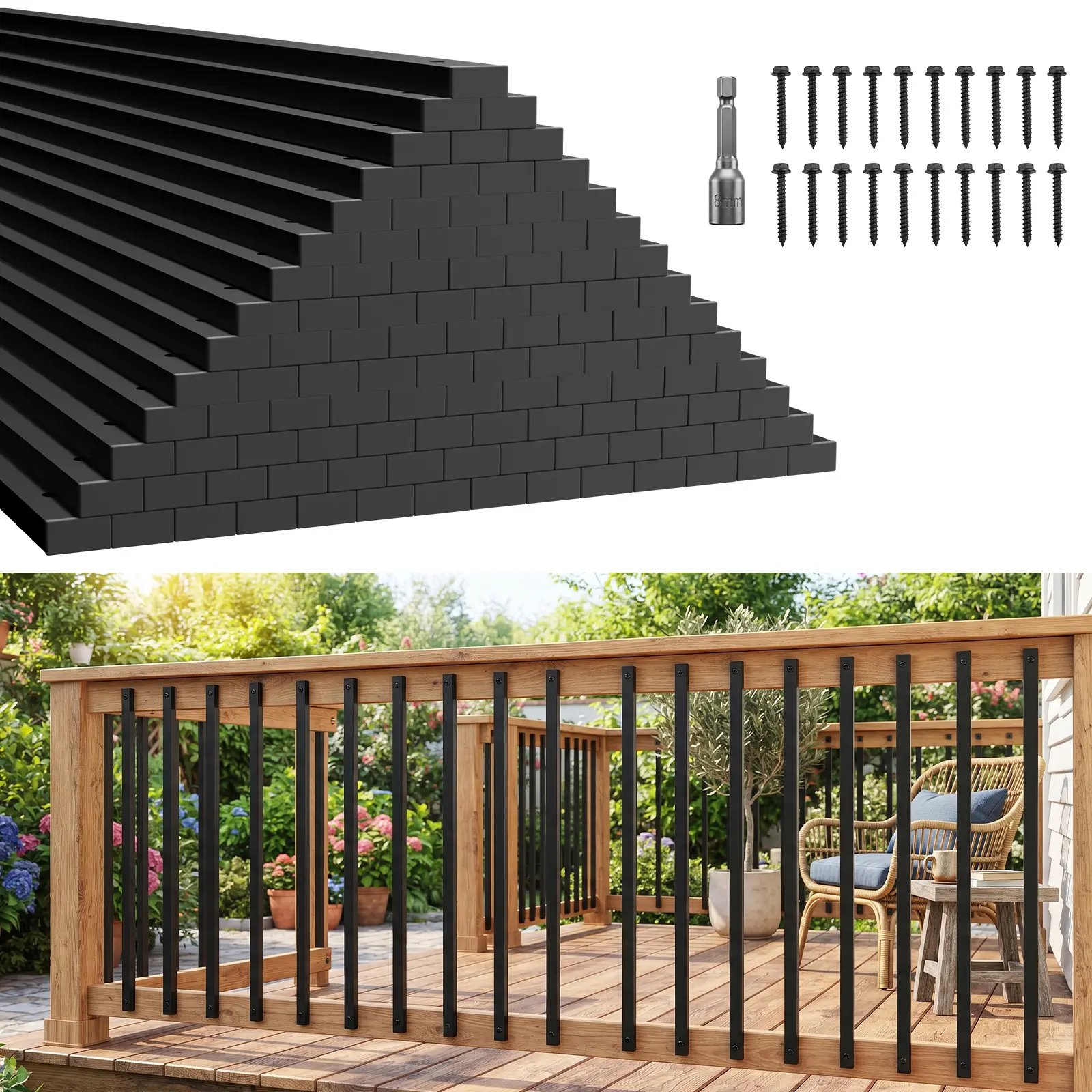 LOOYEE 32/36" 105 PCS Black Metal Deck Balusters with Lag Screw Driver Pre-Installed and Cap & Screws Rust Prevention Suitable for Balcony Porch Stair Poolside