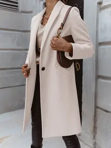 Women's Autumn Winter Solid Color Notched Lapel Medium-Length Button Woolen Coat Jackets, Chic Elegant Stylish Long Outerwear for Cold Weather Womenswear