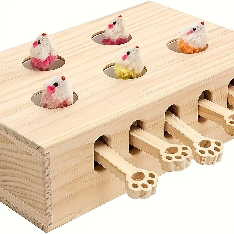 MEWOOFun Interactive Cat Toy - Solid Wood Mole Hunting Game, Comes with 4 Mice, No Batteries Needed, Rounded Edges Suitable for Indoor Cats, Stimulates Hunting Instinct and Mental Engagement, Holiday Gift for Pet Owners, Mouse Cat Toy