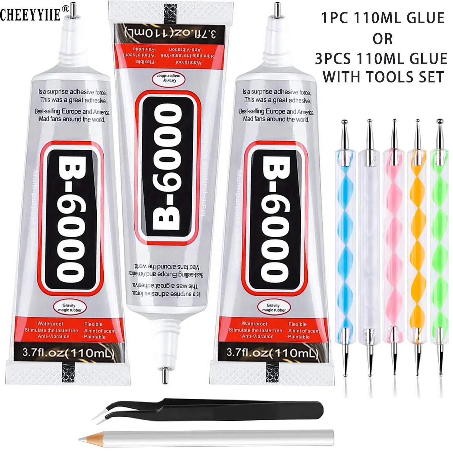 3PCS 110ml/ 3.7 Fl Oz Multi-Purpose B6000 Clear Craft Adhesive with Dotting Pens Wax Pencil & Tweezer Kit for Jewelry Making DIY Crafts Art Creation and Daily Home Repair Projects