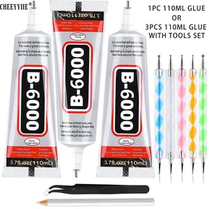 3PCS  110ml/3.7 Fl Oz Multi-Purpose B6000 Clear Craft Adhesive with Dotting Pens Wax Pencil & Tweezer Kit for Jewelry Making DIY Crafts Art Creation and Home Repair