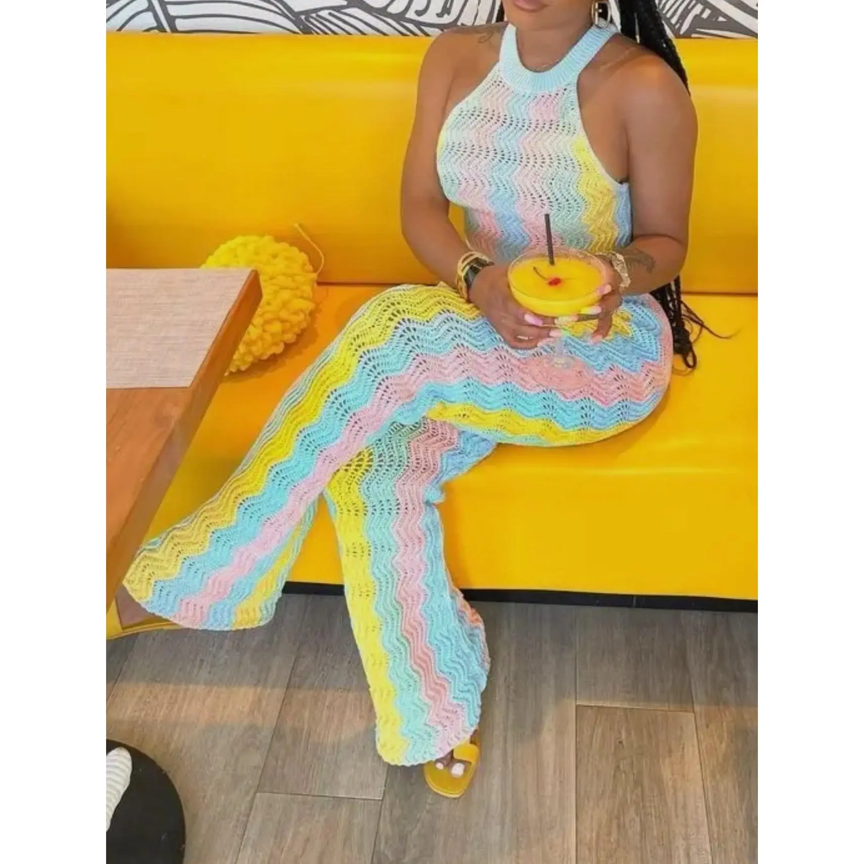 Striped sleeveless knitted vest flared pants set