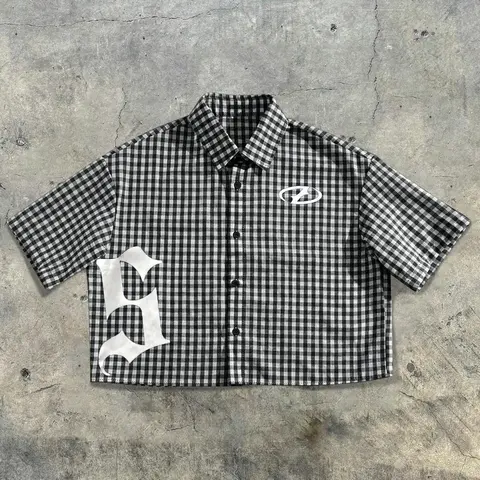 Men's Gingham Short Sleeve Shirt, Letter Print Casual Style Streetwear Top, Retro Printed Shirt for Summer Daily Wear