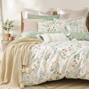 Natural 3pcs Botanical Comforter Sets Queen Size-Green Comforter with Red  Blue Flowers,Gray Leaves on Off-White, Lightweight Sets(Full/Queen)
