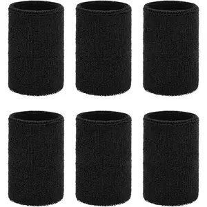 6-Pack Wristbands for Sports & Gymnastics - Thick Elastic Sweatbands for Tennis, Football, Running - Breathable Cotton Grips for Men and Women - Black
