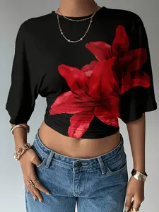 Women's Floral Ruched Half Sleeve Top, Round Neck Casual Summer Shirt, Ladies' Fashion Lightweight Clothing