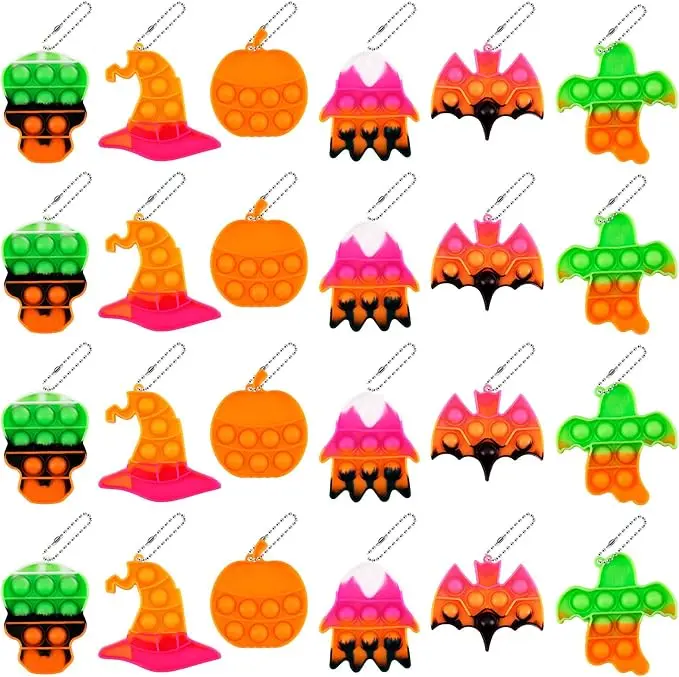 Halloween Fall Gift 24 PCS Halloween Fidgets, Mini Silicone Bubble Bulk with Keychain, Halloween Themed Anxiety Stress Relief Sensory Fidget Pack for Friends and Party Favors (6 Types)