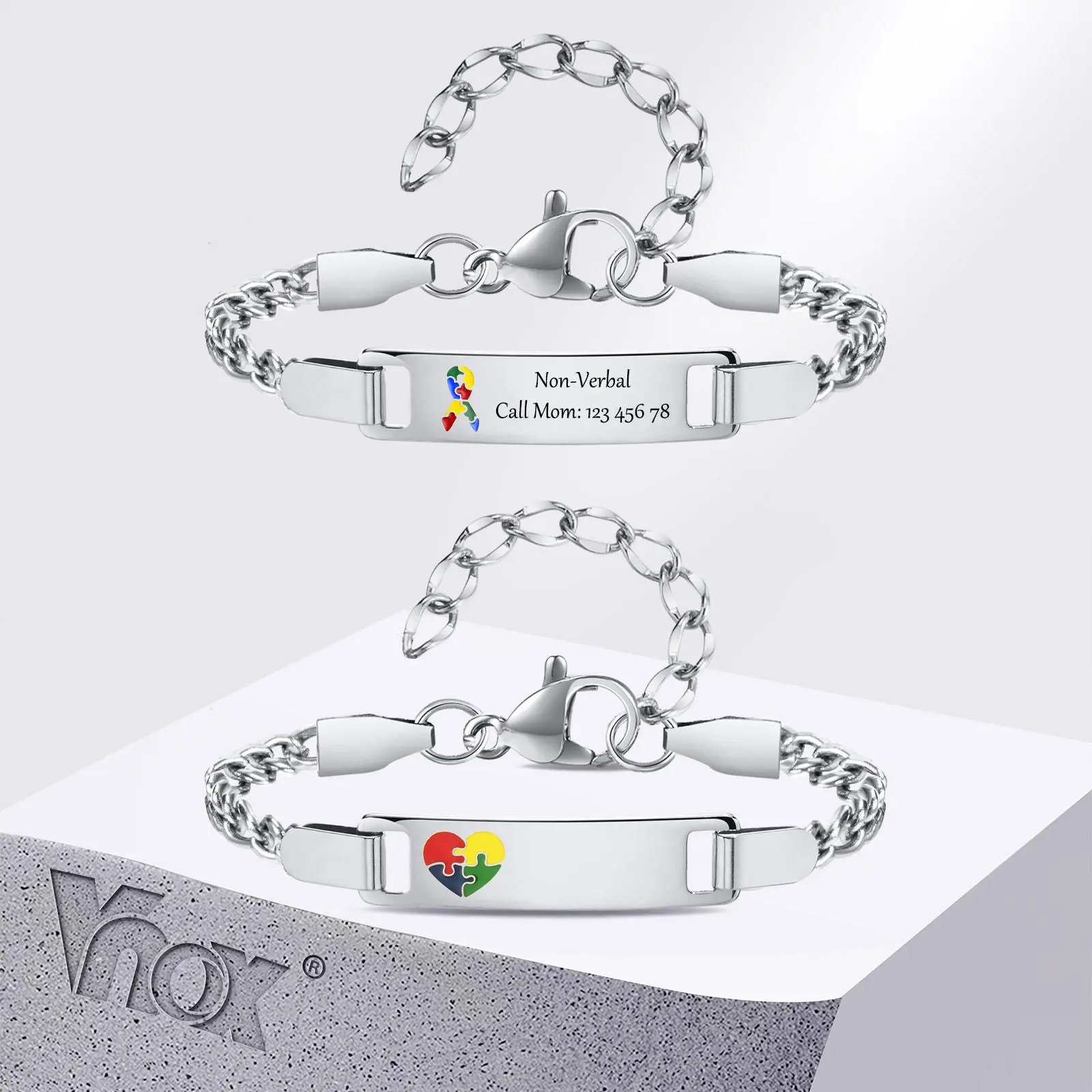 Vnox Free Personalized Stainless Steel Autism Bracelets for Baby Child, Anti Lost Girls Boys Bracelet, Custom Name Phone
