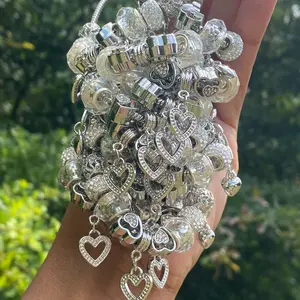 Silver  Heart Rhinestone Beaded Charm Bracelet