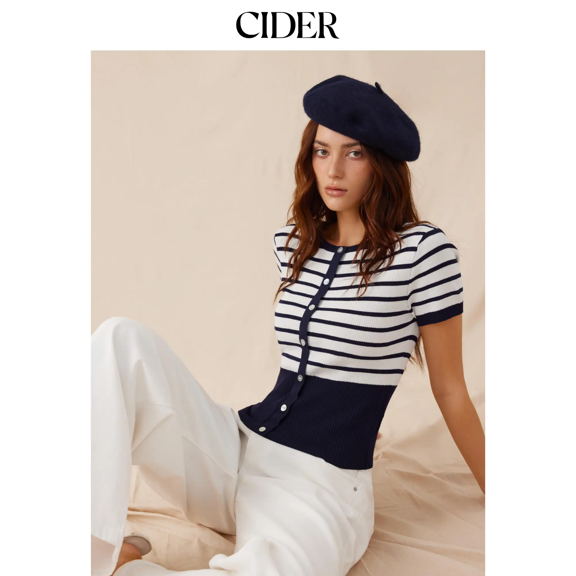 Cider Women's Casual Striped Knit Cardigan, High-Stretch Short Sleeve Round Neck Top with Pearl Buttons, Tops, Knitwear, Shortsleeve, Polyamide