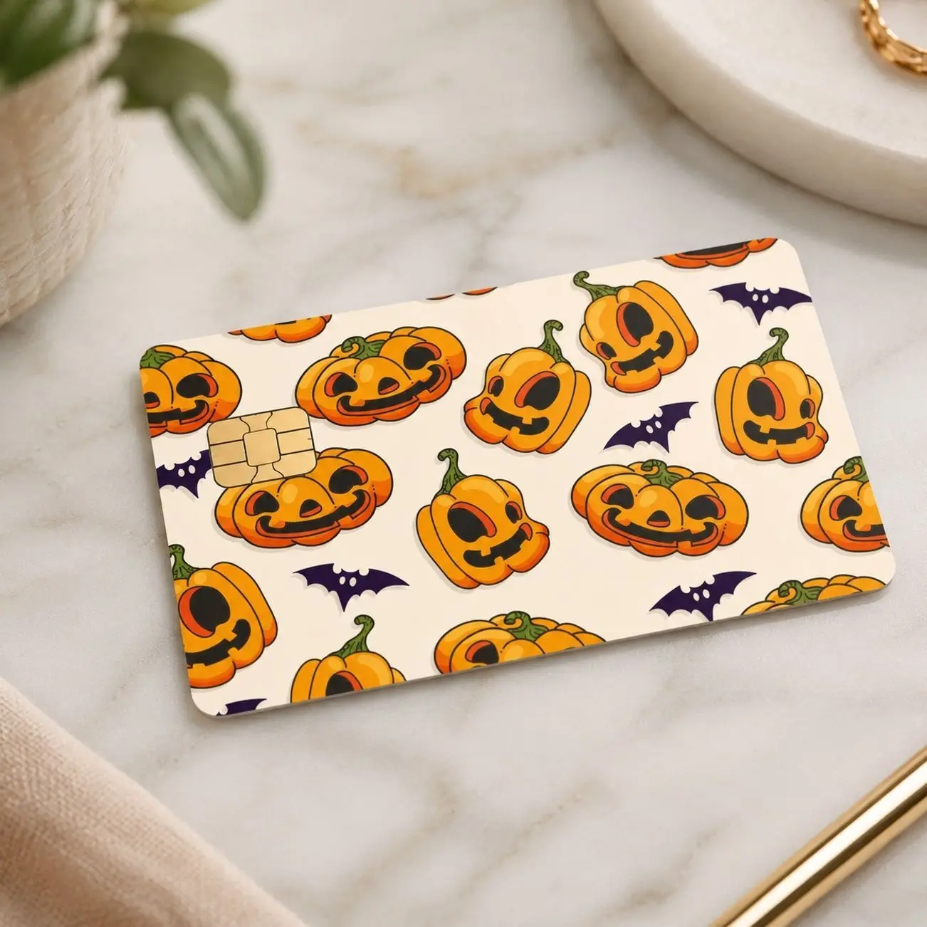 (2pcs per pack) Cute Halloween Pumpkin Card Skin Sticker, Jack O Lantern Bat Cartoon Design, Waterproof Vinyl Cover Decal, Orange Spooky Fall Wrap, Fun Seasonal Accessory, Unique Halloween Gift
