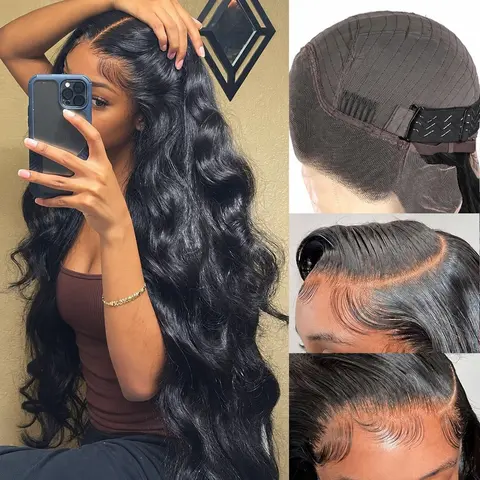 Bling Hair 13x4 13x6 HD Transparent Lace Frontal Wigs Human hair Pre Plucked Brazilian Body Wave Frontal Wigs Human Hair with Baby Hair 10A Grade 180 Density Natural Hairline Natural Black Color