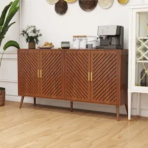 Brown Wood Adjustable Freestanding Storage Cabinet - 4 Louvered Doors, Gold Metal Handles, Multi-Level Shelves, Anti-Tipping Design, Easy Installation, Modern Accent Cabinet for Dining Room, Living Room, Adjustable Storage Cabinet, Freestanding Cabinet