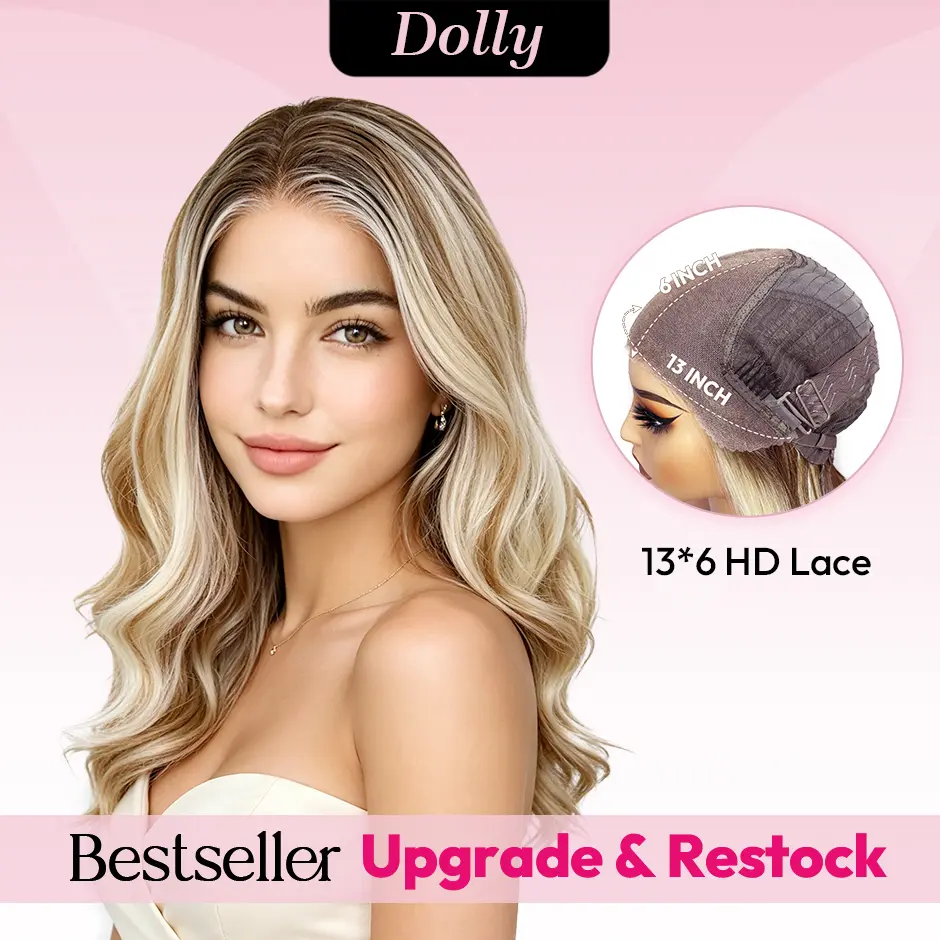 [Dolly] VSIGN Chestnut Root Platinum Ash Balayage Scandi Hairline 16inch Short Wave 13*6 HD Pre-cut lace Free Parting Short Length Low Density Beginner Friendly Breathable Cup Futura Import Synthetic Heat Resistant Fiber Summer Vibes