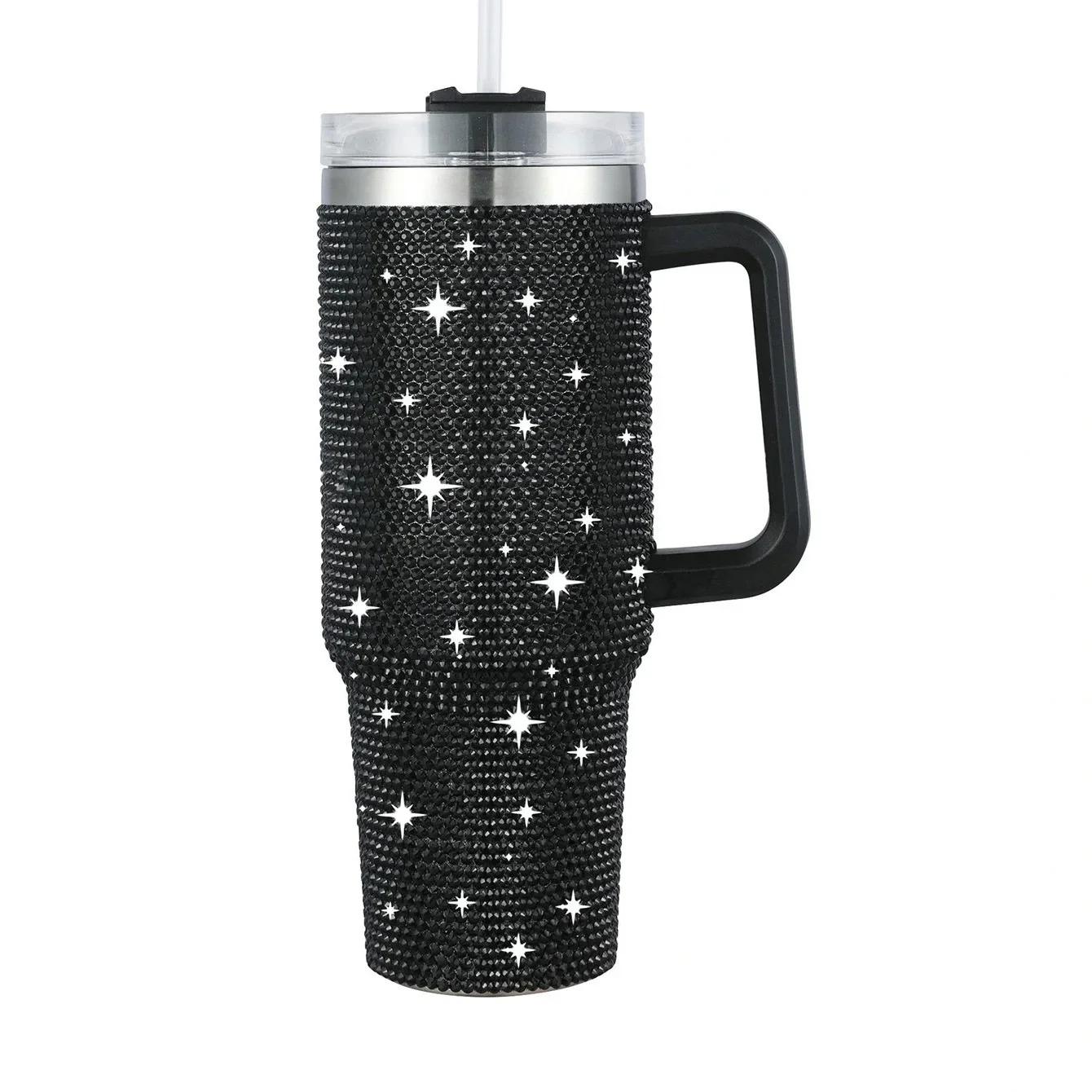 Car Stuff 40oz Shiny Diamond Stainless Steel Insulated Tumbler with Handle | Car Travel Mug | Keeps Hot & Cold