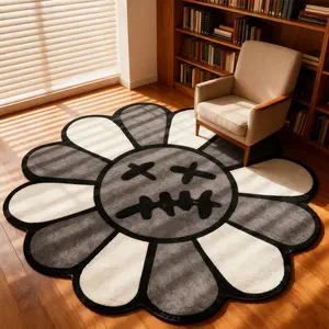 Round Floral Bedroom Carpet, Vintage Flower Mat, Fashion Hip Hop Style Rug, Soft Comfortable Plush Foot Pad, Hand Wash Only