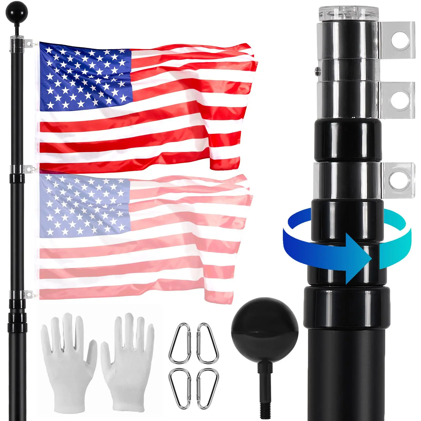 【summerfinds】VEVOR 20FT Telescoping Flag pole Kit, Heavy Duty Aluminum Alloy in Ground Flag Poles for Outside, 3 Display Modes Flagpole with 3x5 American Flag, Professional Accessories, Black Banners Lightweight