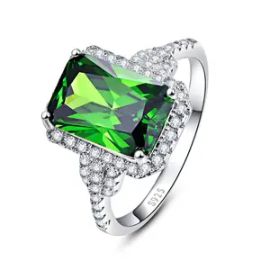 Emerald Cut Green Tourmaline Halo Ring  S925 Sterling Silver Pave Setting Engagement Cocktail Jewelry queen ring
