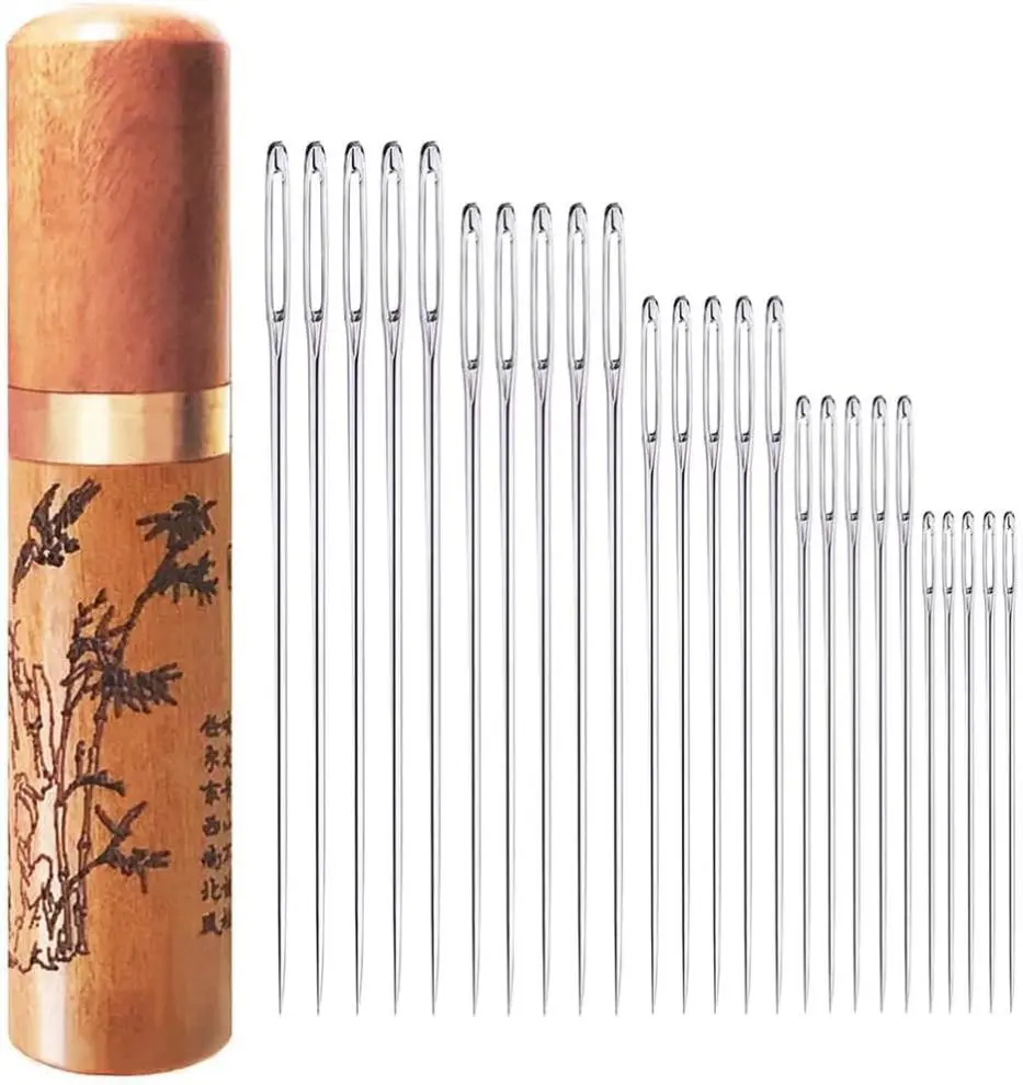 Large Eye Sewing[New deal]- Needles, Embroidery Needles, Stainless Steel, 25 Pieces Sharp Needles with Wooden Needle Case Carving Pattern
