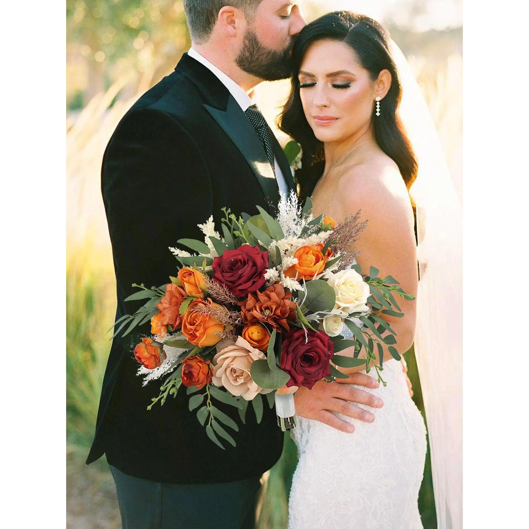 Rinlong Large Size Warm Tones Burgundy & Burnt Orange Cream Flowers Eternally Preserved Silk Bridal Bouquet - 16-in Wide, 13.7-in H Wedding Decorative Supply