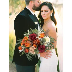 Rinlong 16 inch wide Burgundy & Burnt Orange Bridal Bouquet