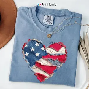 Comfort Colors Faux Patchwork 4th of July Shirt, Patriotic Heart Tee, Not Embroidery, Printed Shirt - Printfamily