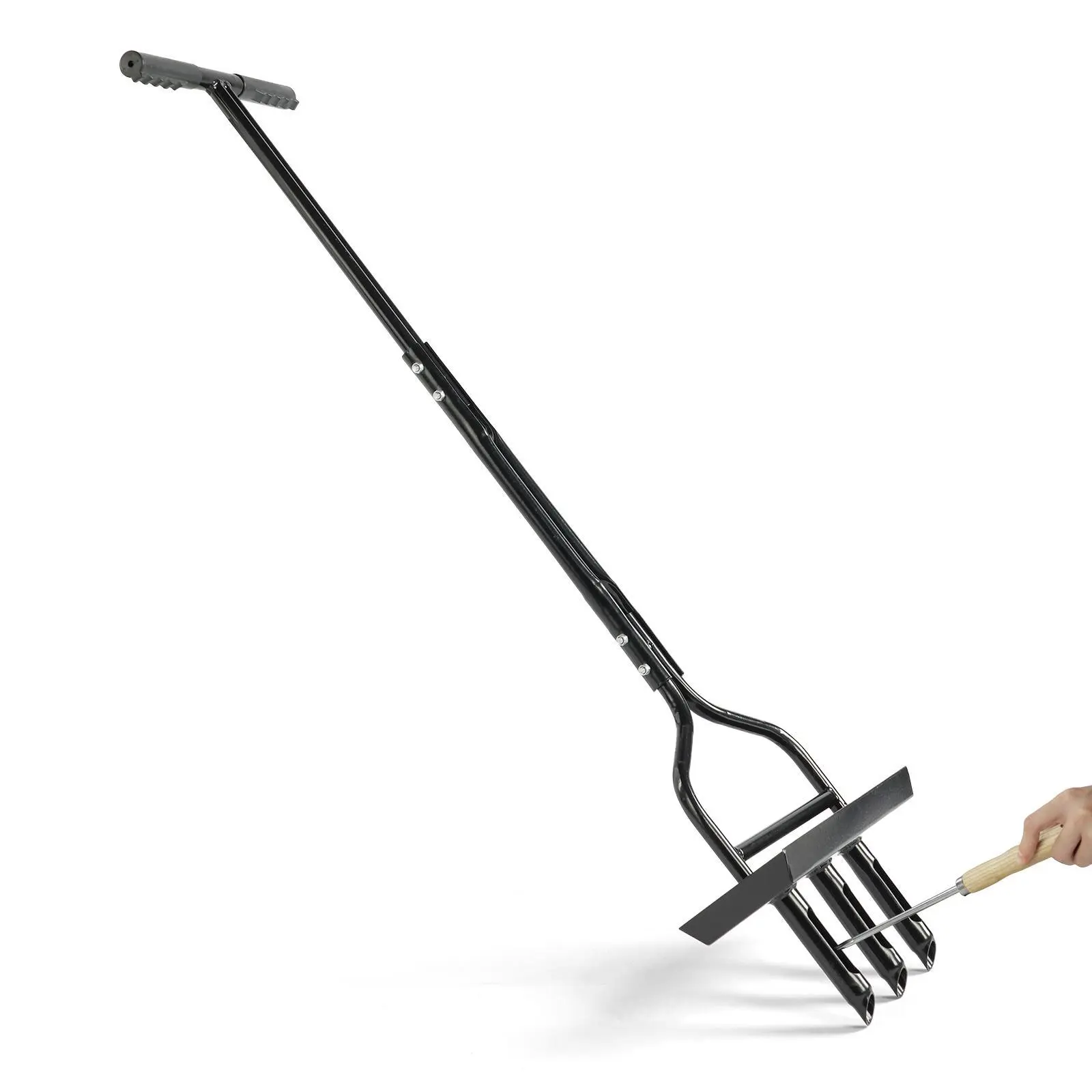 【Summervibes】Ubesgoo 43in Lawn Aerator Garden Tool with Soil Core Tray, Manual Grass Plug Aerators & A Cleaning Tool, Coring Aeration Tools with 3 Tines for Gardening, Soil Compaction, Lawn Yard Care, Black