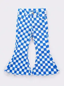 Kids Blue Check Bellbottom Denim Jeans