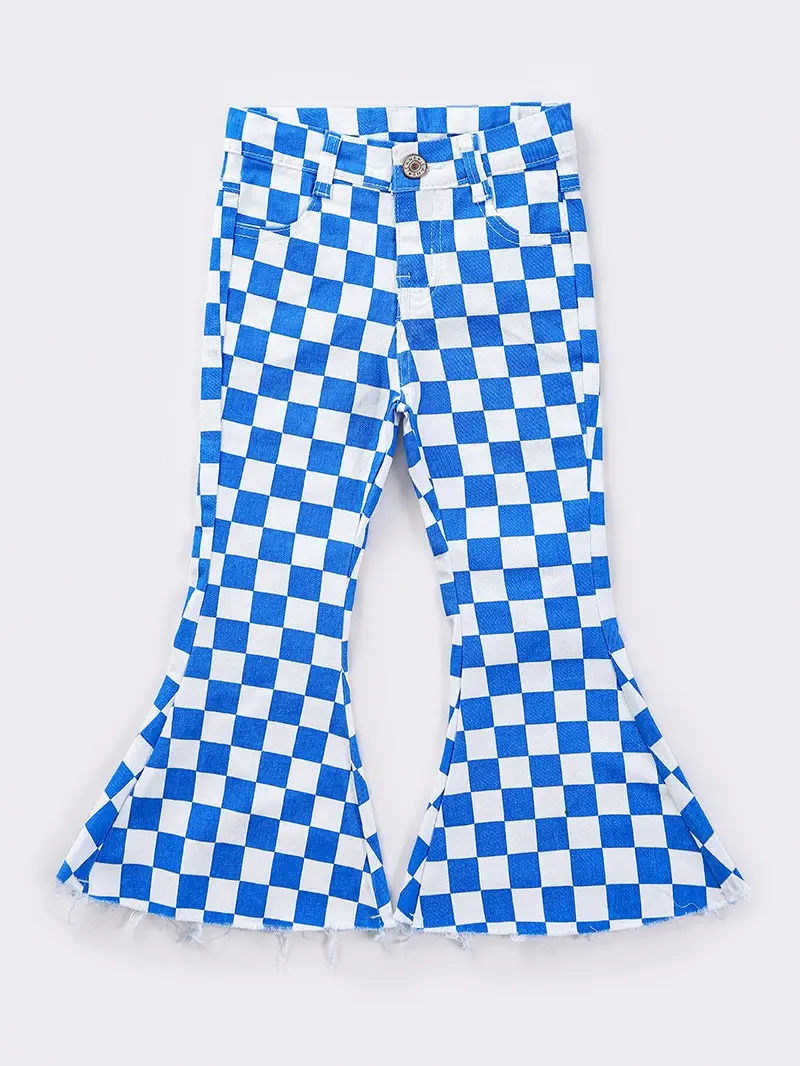 Kids Blue Check Bellbottom Denim Jeans, Jeans Bottoms, 0-8 Years